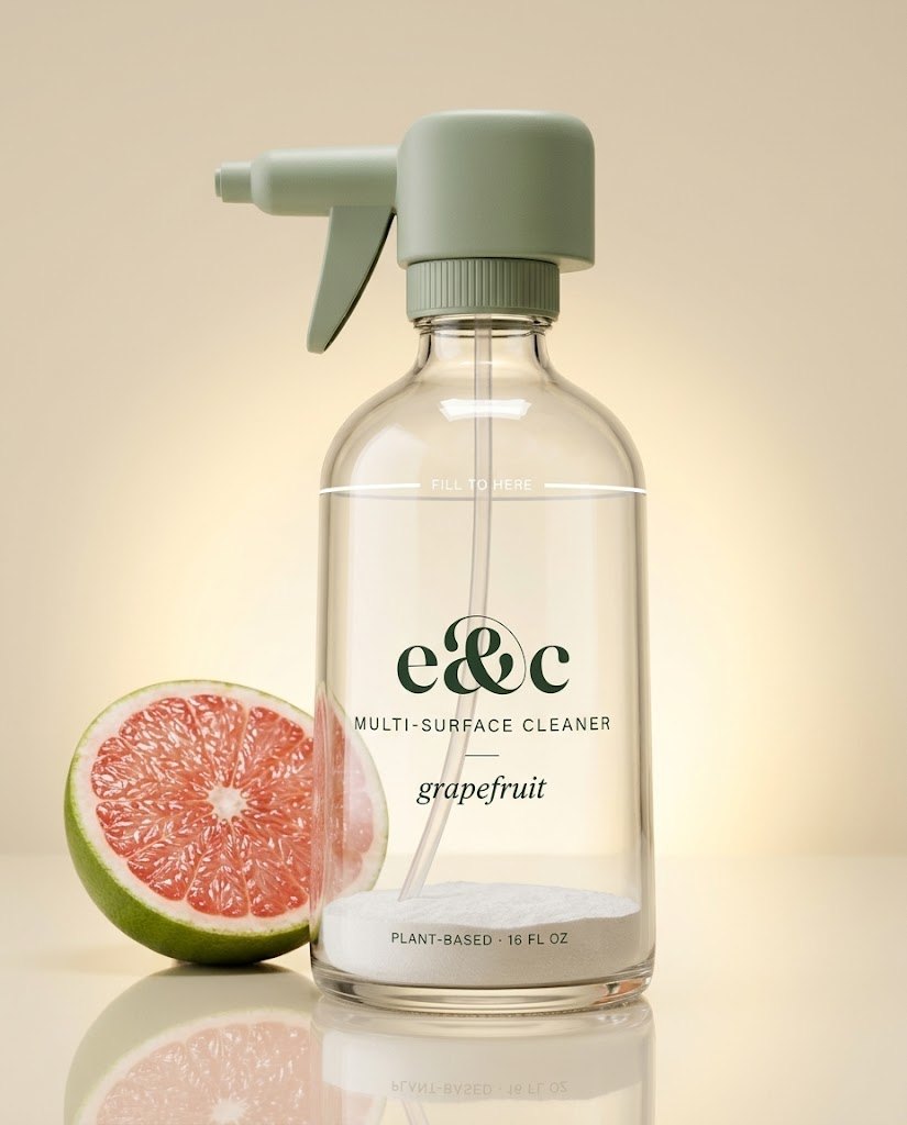 e&c glass spray bottle with cleaning powder at the bottom, next to half a grapefruit